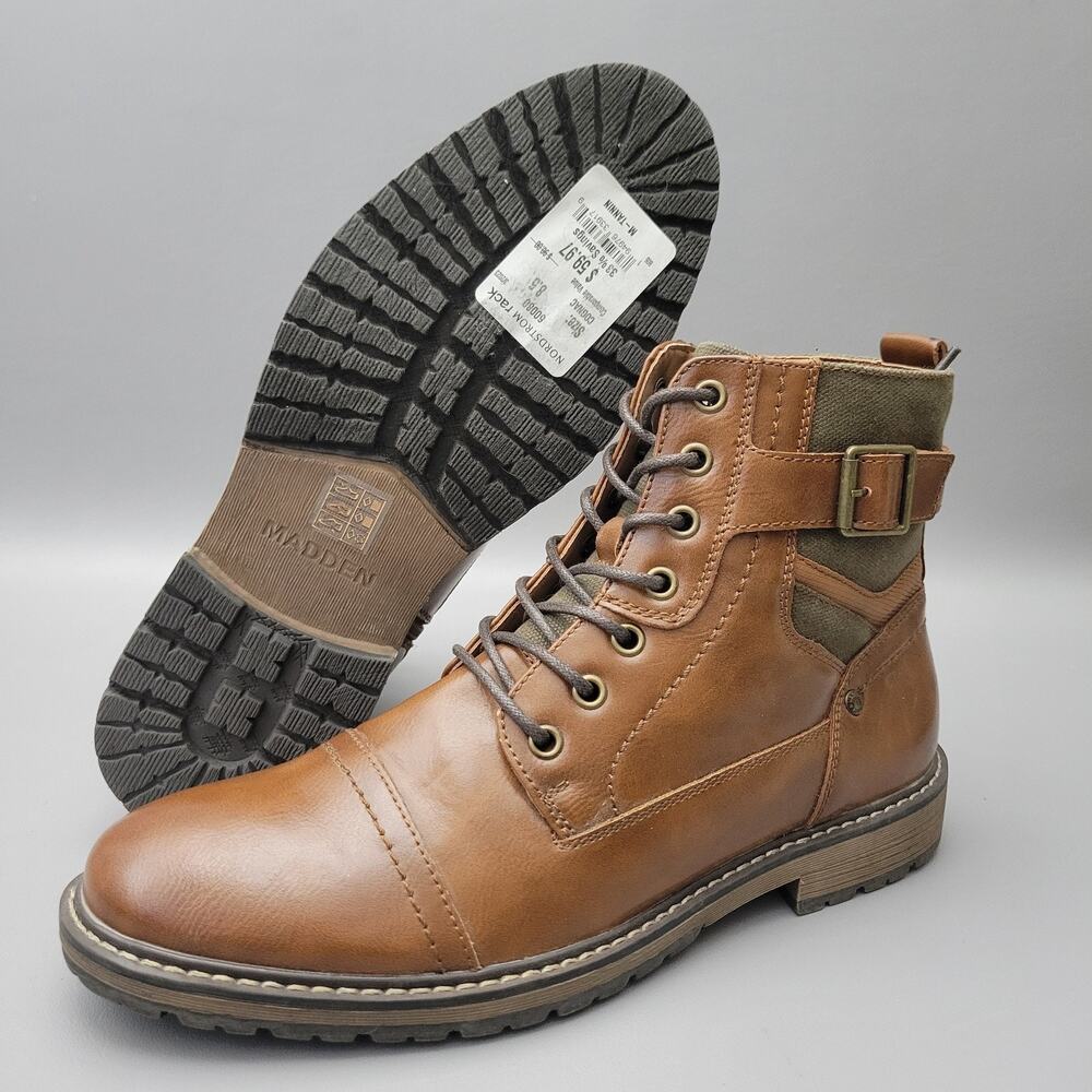 Steve Madden Mens Boots Cap Toe Combat Brown Zip Straps Size 8.5 Classic